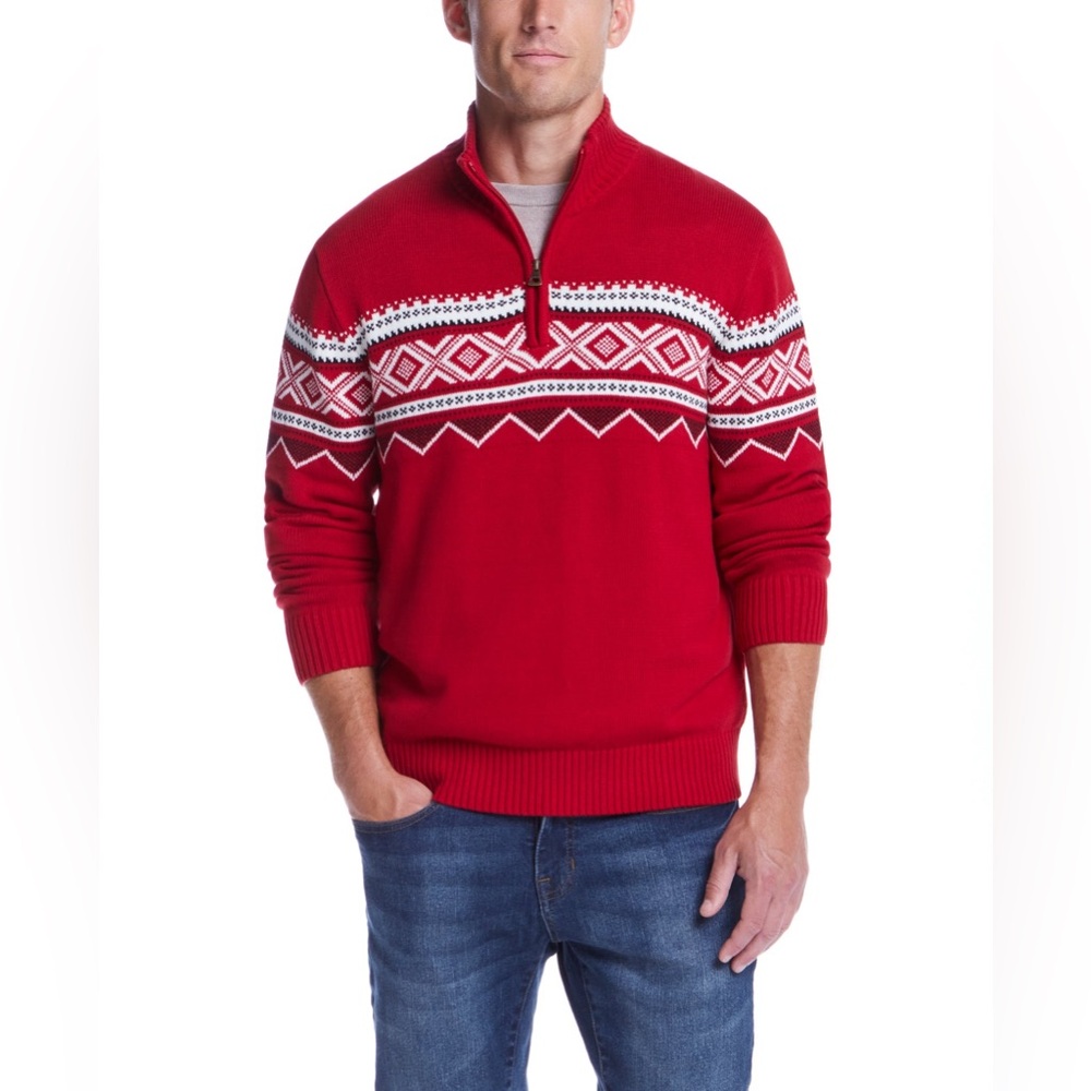 Eddie Bauer Nordic Quarter Zip 100% cotton Sweater In Tartan Red men’s large